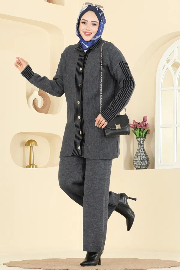 Modaselvim Kombin Şerit Detaylı Triko Takım 0690KLB1050 Antrasit
