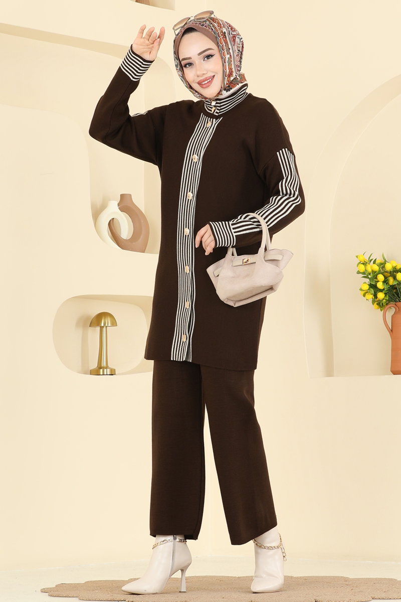 Şerit Detaylı Triko Takım 0690KLB1050 Kahve