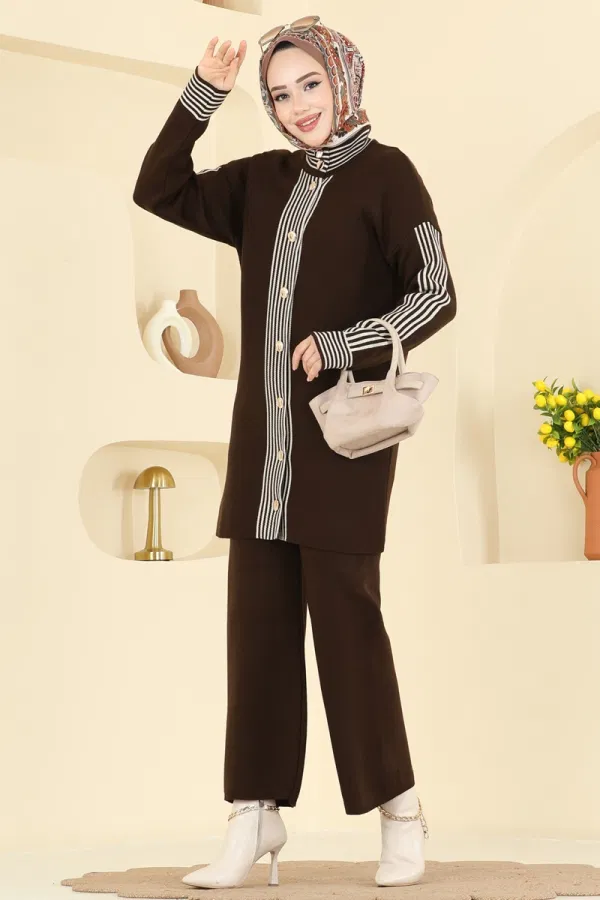 Modaselvim Kombin Şerit Detaylı Triko Takım 0690KLB1050 Kahve