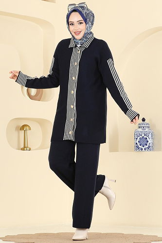 moda selvim Şerit Detaylı Triko Takım 0690KLB1050 Laci - Thumbnail