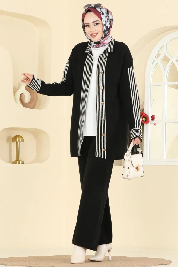 Modaselvim Kombin Şerit Detaylı Triko Takım 0690KLB1050 Siyah