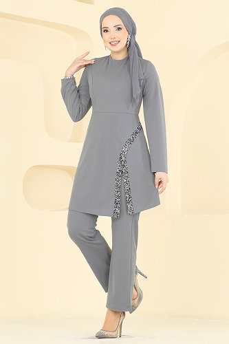 moda selvim Şerit Taş Detaylı Takım 2852ASMK1074 Gri - Thumbnail