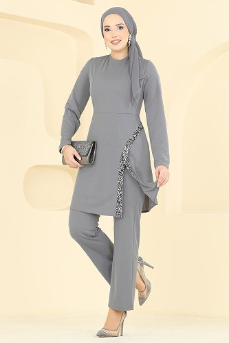 moda selvim Şerit Taş Detaylı Takım 2852ASMK1074 Gri - Thumbnail