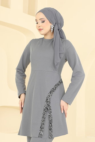 moda selvim Şerit Taş Detaylı Takım 2852ASMK1074 Gri - Thumbnail