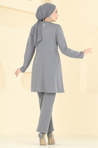 moda selvim Şerit Taş Detaylı Takım 2852ASMK1074 Gri - Thumbnail