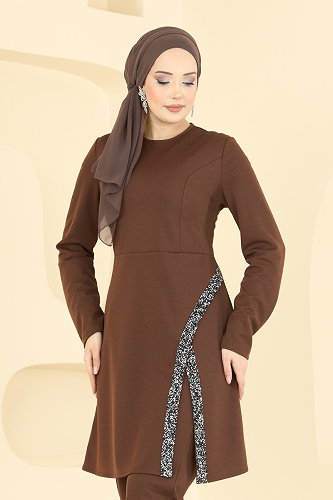 moda selvim Şerit Taş Detaylı Takım 2852ASMK1074 Kahve - Thumbnail