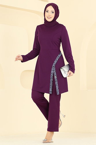 moda selvim Şerit Taş Detaylı Takım 2852ASMK1074 Mor - Thumbnail