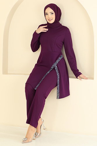 moda selvim Şerit Taş Detaylı Takım 2852ASMK1074 Mor - Thumbnail