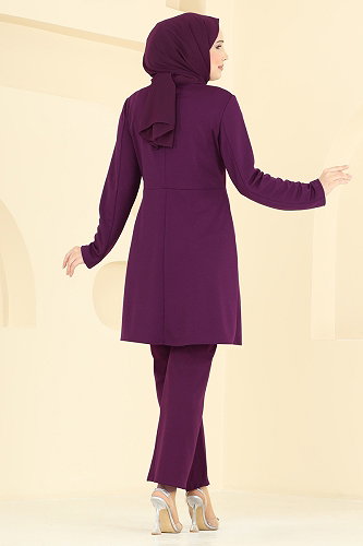 moda selvim Şerit Taş Detaylı Takım 2852ASMK1074 Mor - Thumbnail