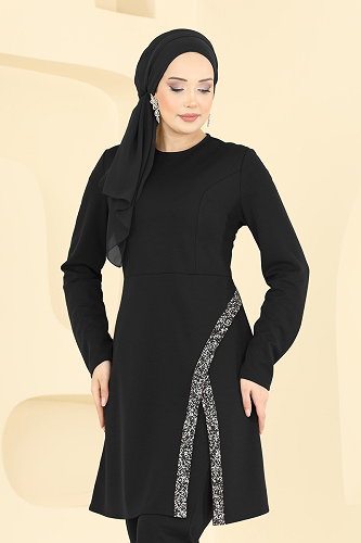 moda selvim Şerit Taş Detaylı Takım 2852ASMK1074 Siyah - Thumbnail