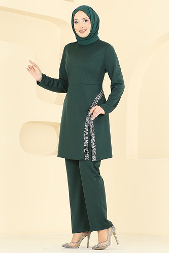 moda selvim Şerit Taş Detaylı Takım 2852ASMK1074 Zümrüt - Thumbnail