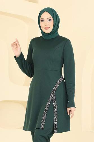 moda selvim Şerit Taş Detaylı Takım 2852ASMK1074 Zümrüt - Thumbnail