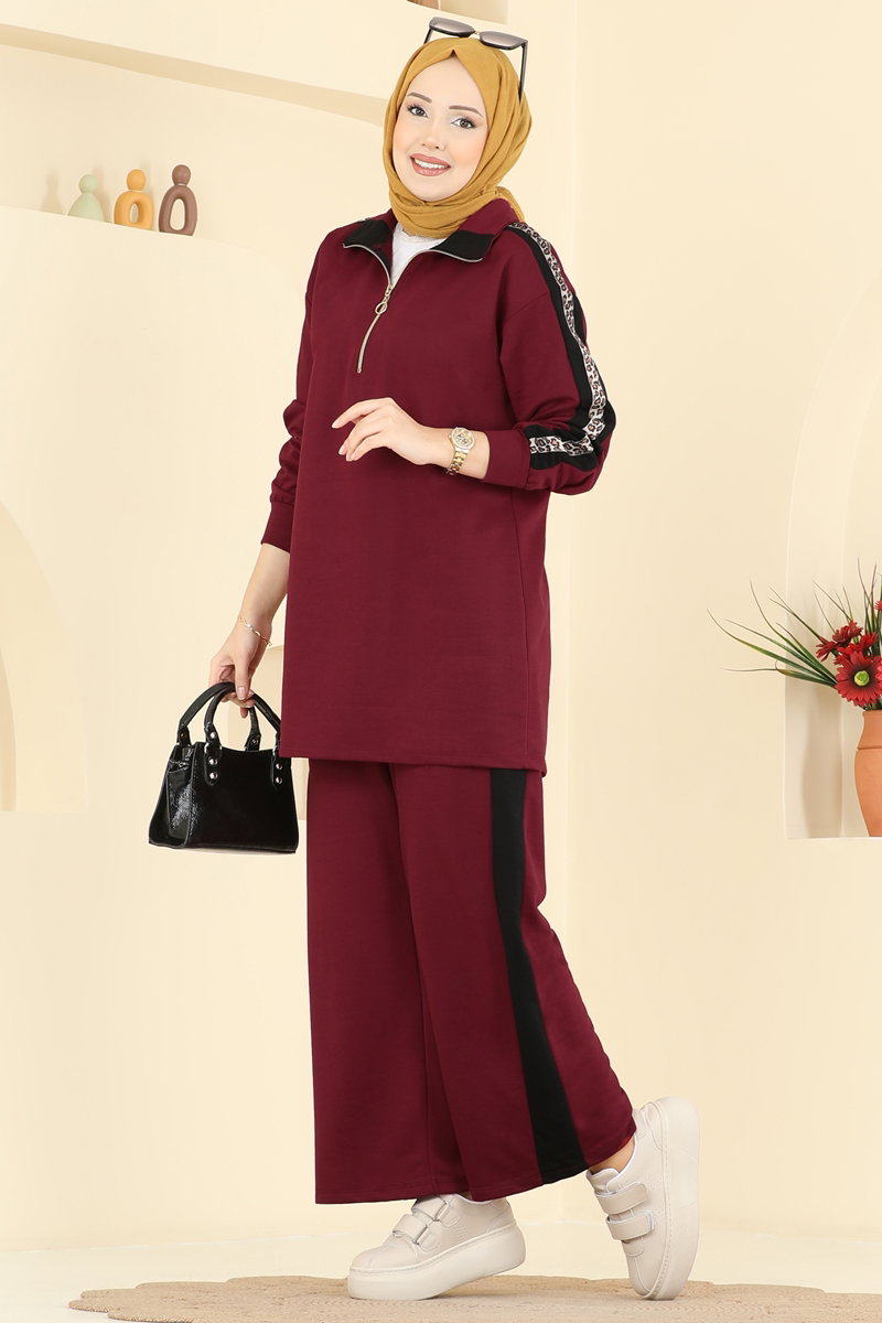 Şeriti Leopar Desenli Takım 8036TEG847 Bordo