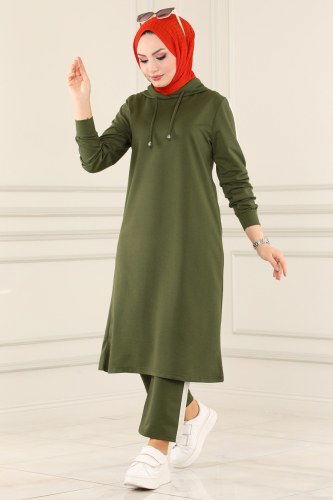 moda selvim Şeritli Spor Tesettür Takım 1034MRT754 Haki - Thumbnail