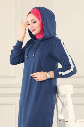 moda selvim Şeritli Spor Tesettür Takım 1034MRT754 İndigo - Thumbnail