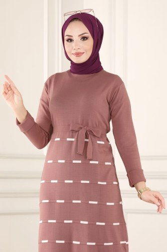 moda selvim Şeritli Triko Elbise 553MT581 Gül Kurusu - Thumbnail