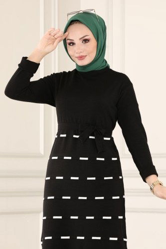 moda selvim Şeritli Triko Elbise 553MT581 Siyah - Thumbnail