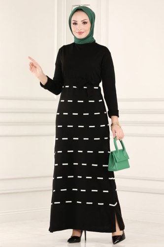 moda selvim Şeritli Triko Elbise 553MT581 Siyah - Thumbnail