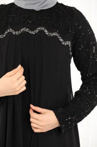 moda selvim Sezen Şifon Abiye 52866ALM181 Siyah - Thumbnail