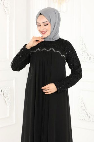 moda selvim Sezen Şifon Abiye 52866ALM181 Siyah - Thumbnail
