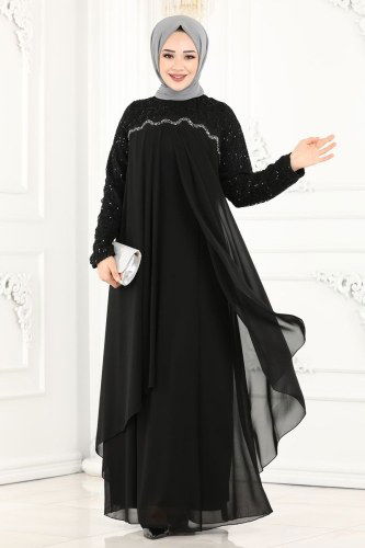 moda selvim Sezen Şifon Abiye 52866ALM181 Siyah - Thumbnail