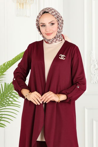 moda selvim Shabby Triple Hijab Set 258DVL817 Burgundy & Stone - Thumbnail