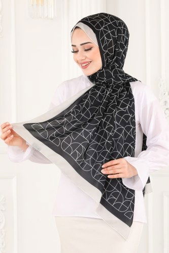 moda selvim 214IPK758 اسود وسكري حجاب طويل - Thumbnail
