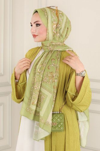 moda selvim 227IPK758 افستقي اخضر حجاب طويل - Thumbnail