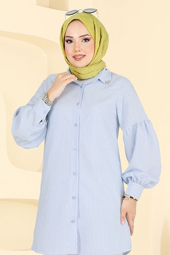moda selvim Shirt 3093HBS856 Blue - Thumbnail