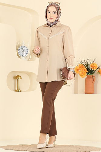 moda selvim قميص بيج 341ASN888 - Thumbnail