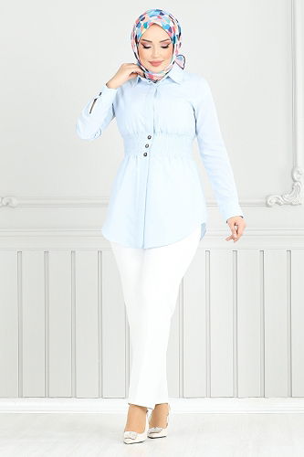 moda selvim قميص أزرق فاتح 403EVO1065-M - Thumbnail