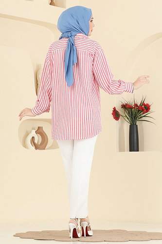 moda selvim Shirt 8037TEG847 Light Red - Thumbnail