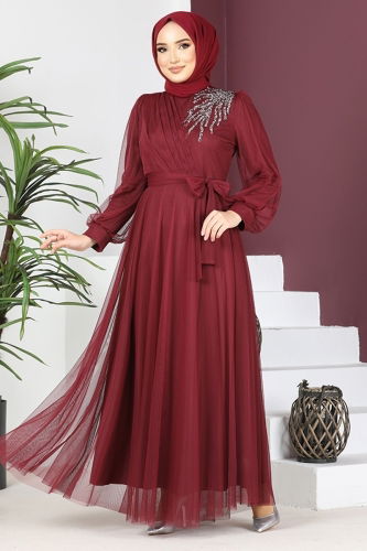 moda selvim Shoulder Embroidered Tulle Evening Dress MSL5650 Burgundy - Thumbnail