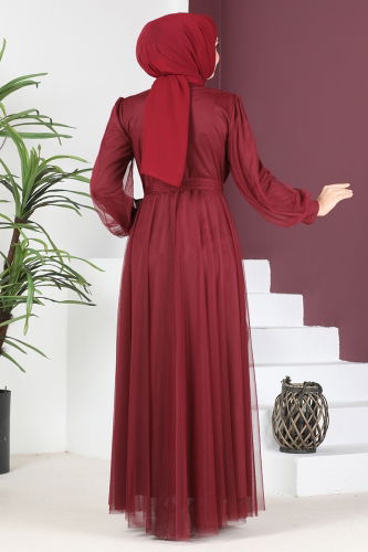 moda selvim Shoulder Embroidered Tulle Evening Dress MSL5650 Burgundy - Thumbnail