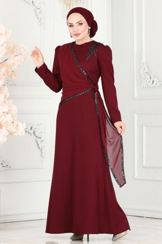 moda selvim Şifon Detaylı Payetli Abiye Elbise ASM2691 Bordo - Thumbnail