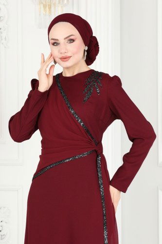 moda selvim Şifon Detaylı Payetli Abiye Elbise ASM2691 Bordo - Thumbnail