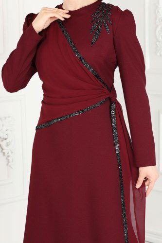 moda selvim Şifon Detaylı Payetli Abiye Elbise ASM2691 Bordo - Thumbnail
