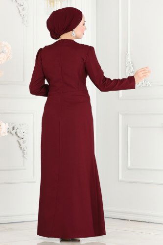 moda selvim Şifon Detaylı Payetli Abiye Elbise ASM2691 Bordo - Thumbnail