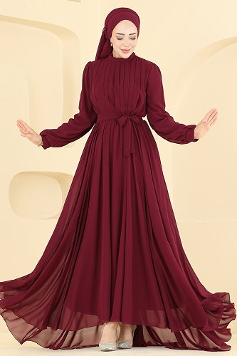 moda selvim Şifon Dökümlü Şık Abiye 5827EDFK1198 Bordo - Thumbnail