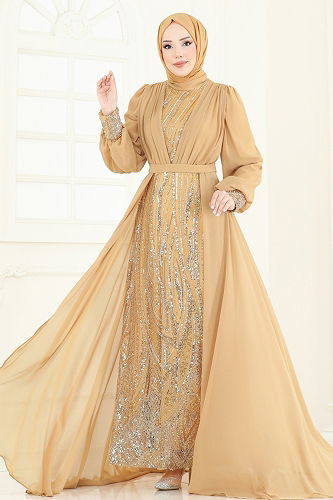 moda selvim Şifon Pelerinli Tesettür Abiye 6631YG95 Gold - Thumbnail
