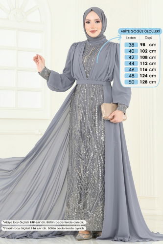 moda selvim Şifon Pelerinli Tesettür Abiye 6631YG95 Gri - Thumbnail