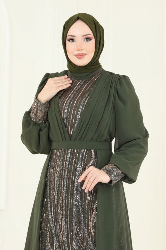 moda selvim Şifon Pelerinli Tesettür Abiye 6631YG95 Haki - Thumbnail