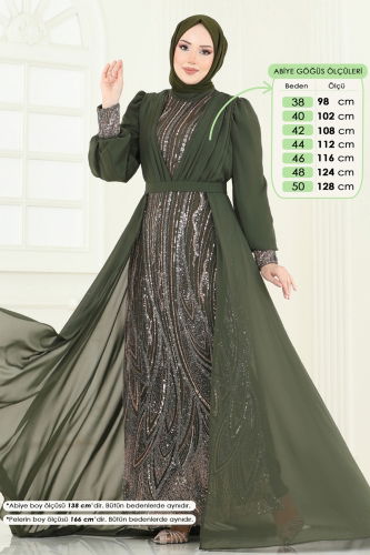 moda selvim Şifon Pelerinli Tesettür Abiye 6631YG95 Haki - Thumbnail