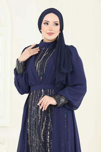 moda selvim Şifon Pelerinli Tesettür Abiye 6631YG95 Laci - Thumbnail