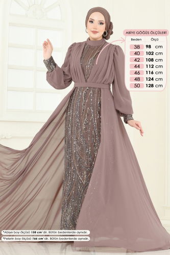 moda selvim Şifon Pelerinli Tesettür Abiye 6631YG95 Pudra Vizyon - Thumbnail