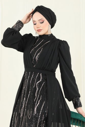 moda selvim Şifon Pelerinli Tesettür Abiye 6631YG95 Siyah - Thumbnail