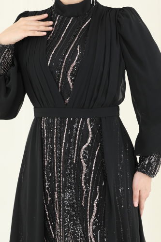 moda selvim Şifon Pelerinli Tesettür Abiye 6631YG95 Siyah - Thumbnail