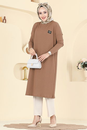 moda selvim Şık Armalı Burgu Tunik 195BO429 Latte - Thumbnail