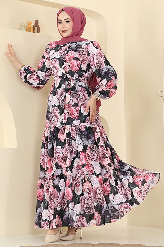 moda selvim Şık Bahar Işıltılı Elbise 4462BRZ597 Desen2 Siyah - Thumbnail