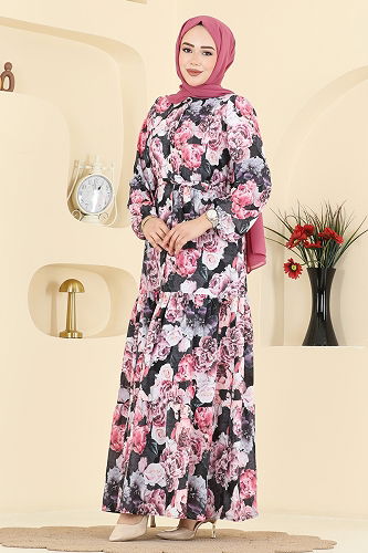 moda selvim Şık Bahar Işıltılı Elbise 4462BRZ597 Desen2 Siyah - Thumbnail